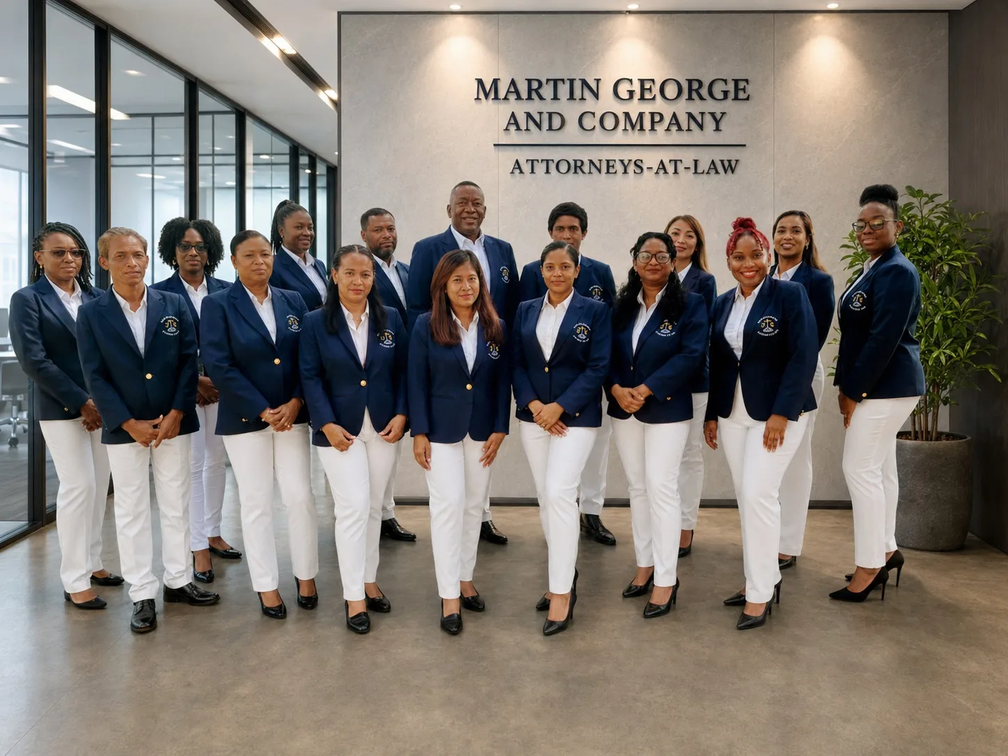 The legal team at Martin George & Company in front of the firm's Attorneys-at-Law signage